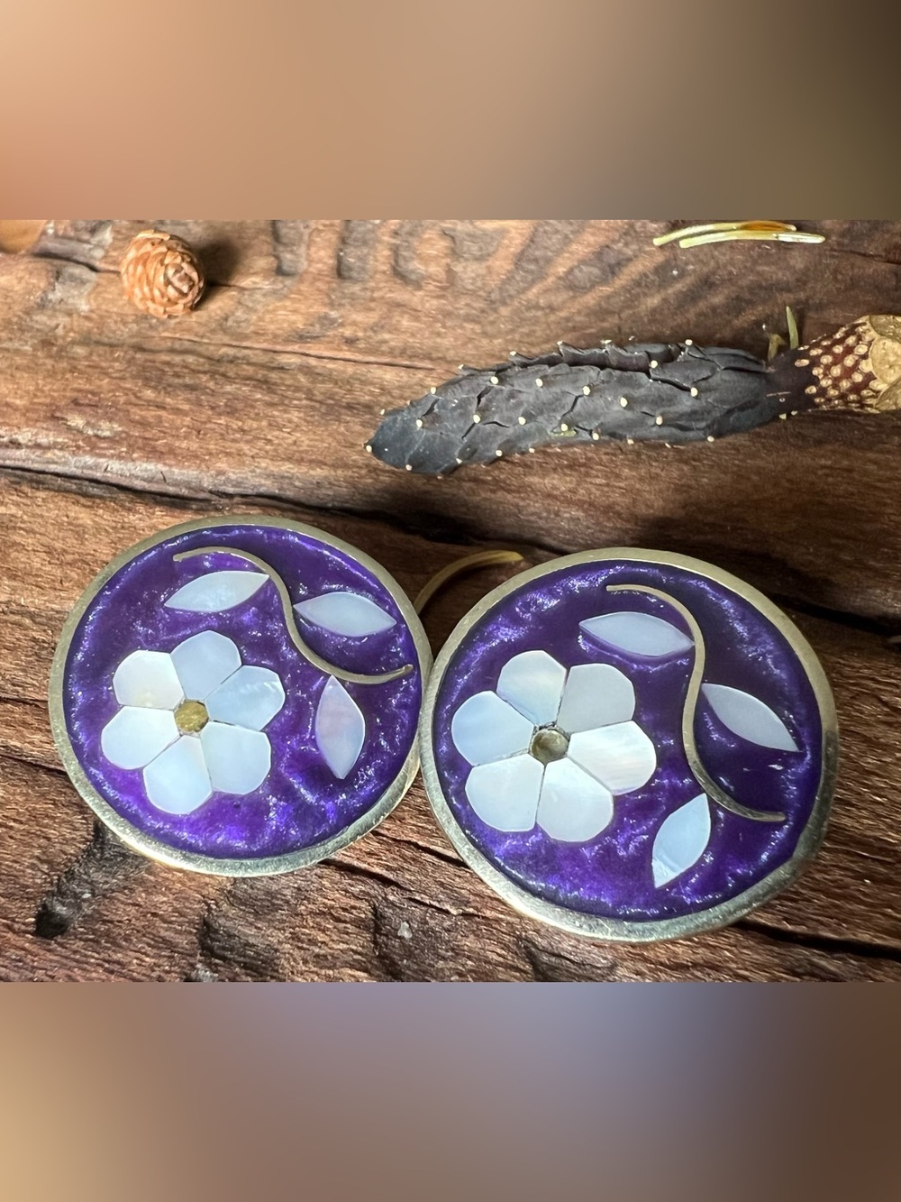 Mexico Alpaca MOP Floral Earrings Green Flower Shell Inlay Purple Enamel